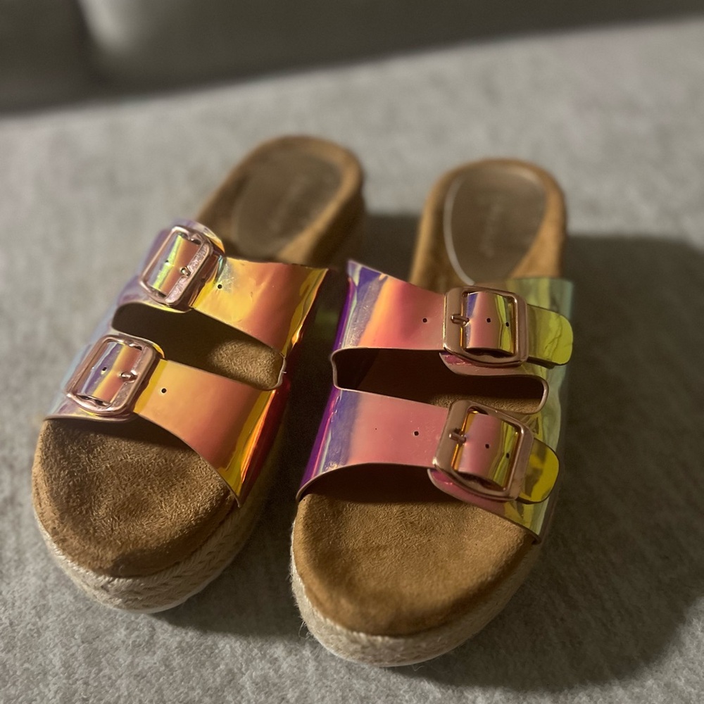 Holographic Slide Sandals with Buckles